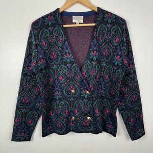 Vintage 90s  Susan Bristol  Metallic Cross Front Cardigan Sweater  Paisley  M